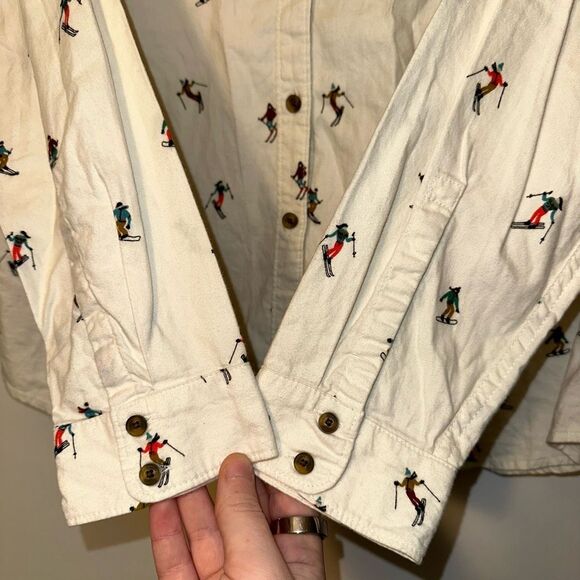 Eddie Bauer Large Ski Snowboard Pattern Cream Button Down Collared Flannel Shirt - Picture 5 of 10